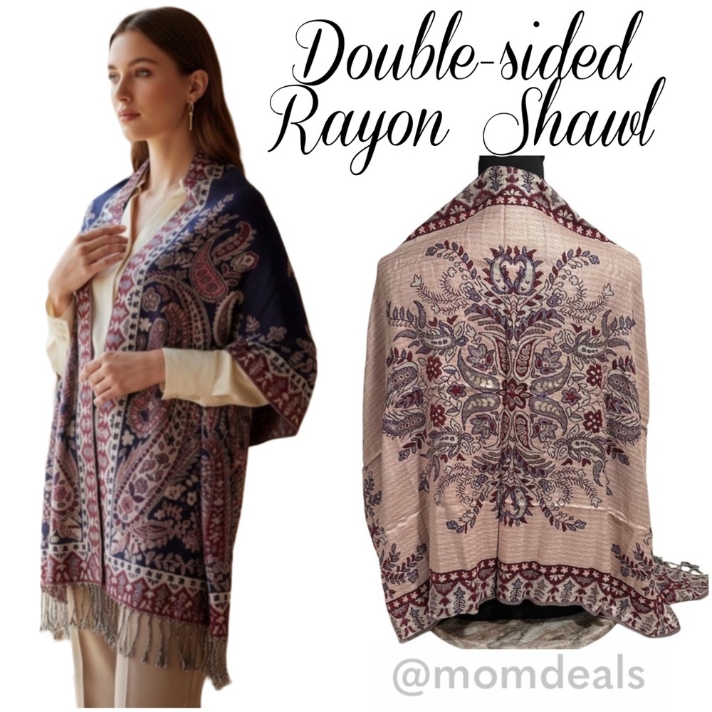Elegant Large Shawl Wrap Double-sided Super Soft Quality Rayon Silver Blue Pink